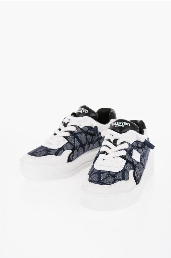 Valentino One Stud Xl Denim And Leather Sneakers