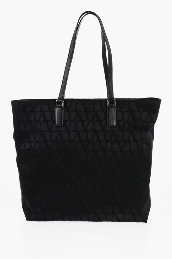 Shop Valentino Garavani Fabric Tote Bag With Leather Trims And All-over Mon