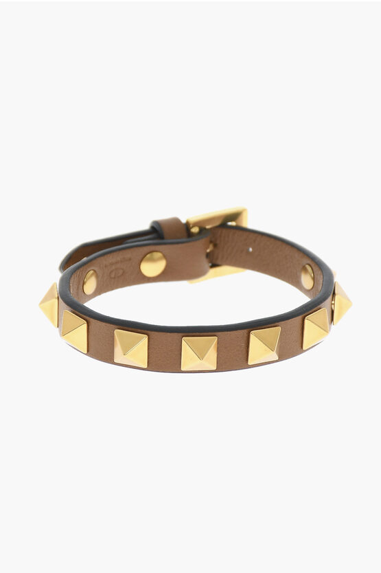 Shop Valentino Garavani Leather Bracelet With Golden Studs