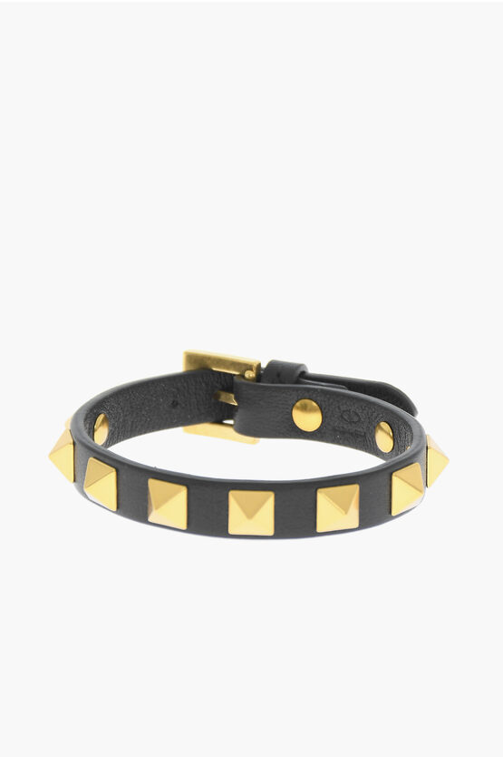 Shop Valentino Garavani Leather Bracelet With Golden Studs