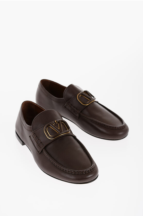 Valentino Garavani Garavani Leather Loafers With Embossed Monogram In Brown