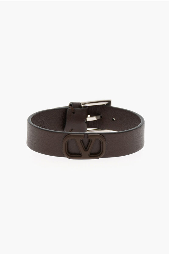 Shop Valentino Garavani Solid Color Leather Bracelet With Embossed Logo