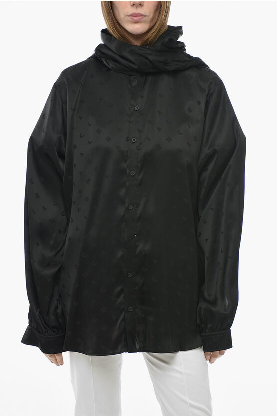 Balenciaga Garde-robe Tie Neck Jacquard Viscose Shirt With Hood In Black