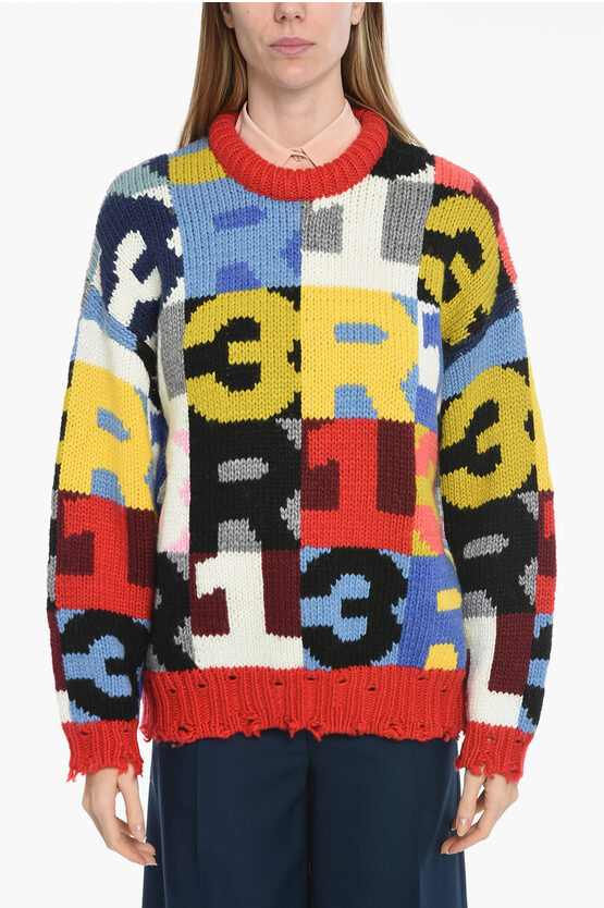 R13 Geometric Patterned Chuncky Wool Blend Pullover In Multi