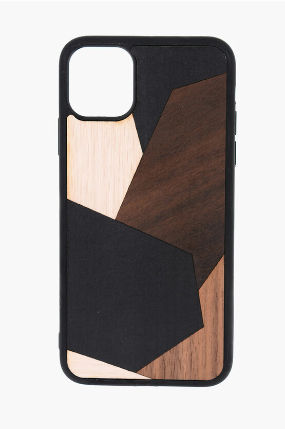 Wood'd Geometrical-motif Wooden Quartz Iphone 13 Hard Case In Black