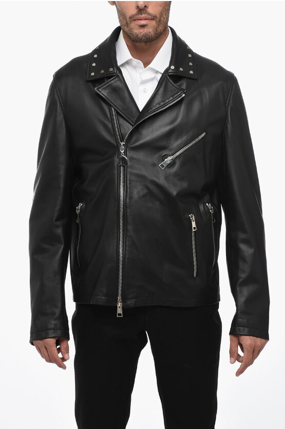 TESTONI LEATHER BIKER JACKET WITH STUDS APPLICATION 