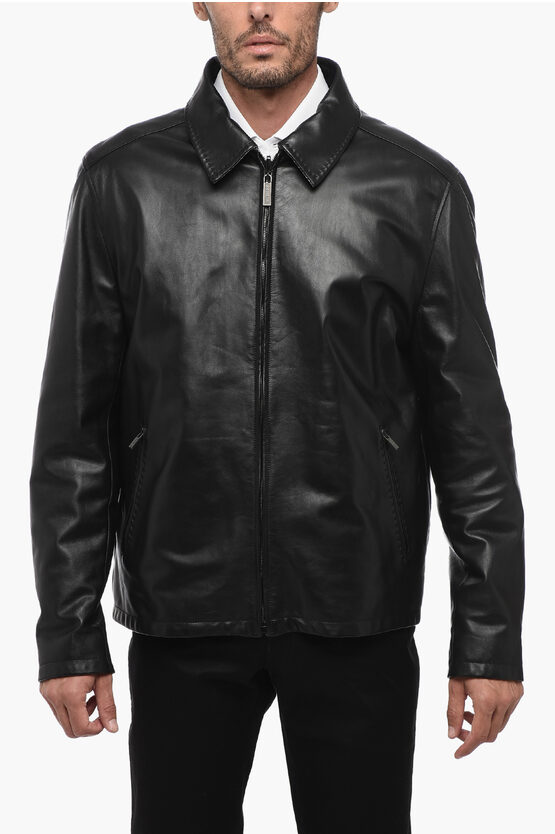 Shop Testoni Leather Double-face Jacket With Herringbone Motif