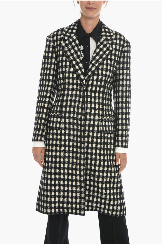 Chloé Gingham Check Woll Blend Coat With Hidden Buttoning In Gray