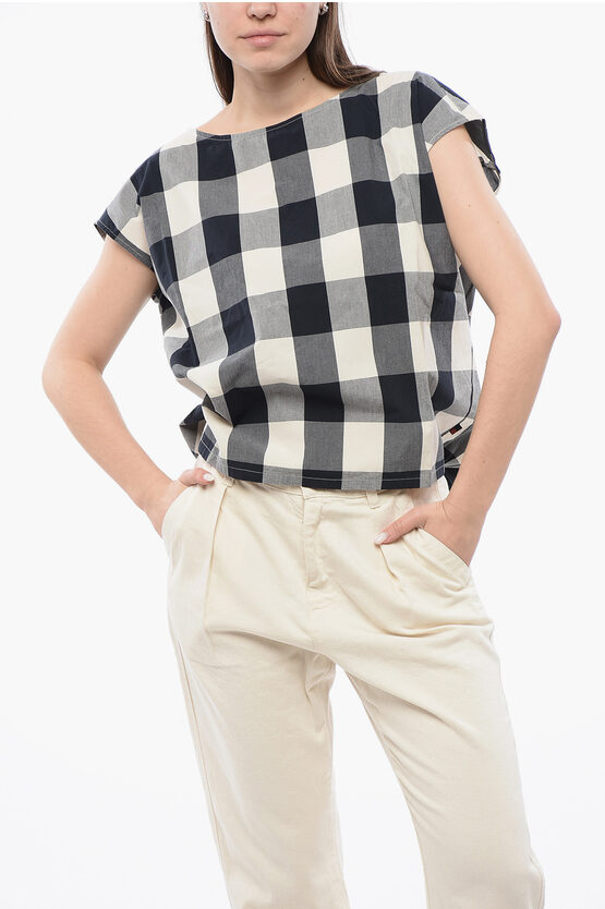 WOOLRICH GINGHAM COTTON SLEEVELESS BLOUSE WITH DRAWSTRINGED BOTTOM