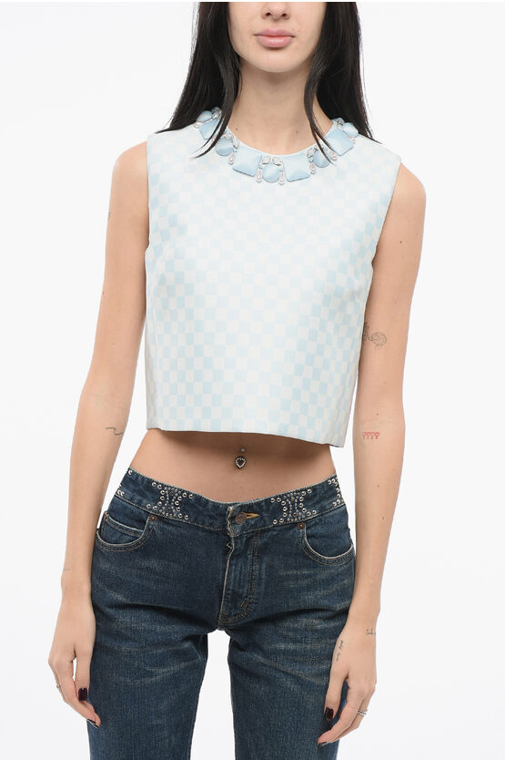 Versace Gingham Patterned Duchesse Blouse With Jeweled Neckline