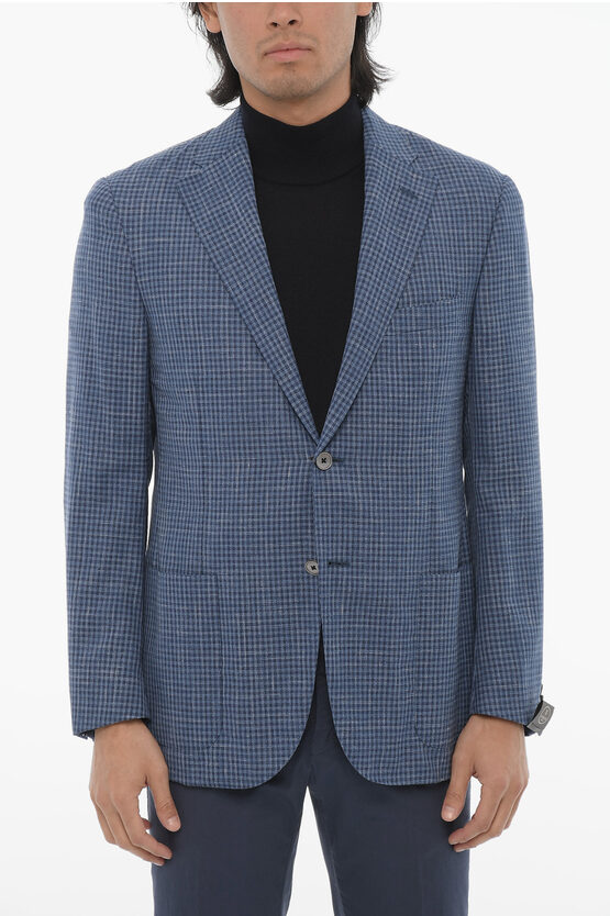 Corneliani Gingham Patterned Leader Soft Wool Blend Blazer In Blue