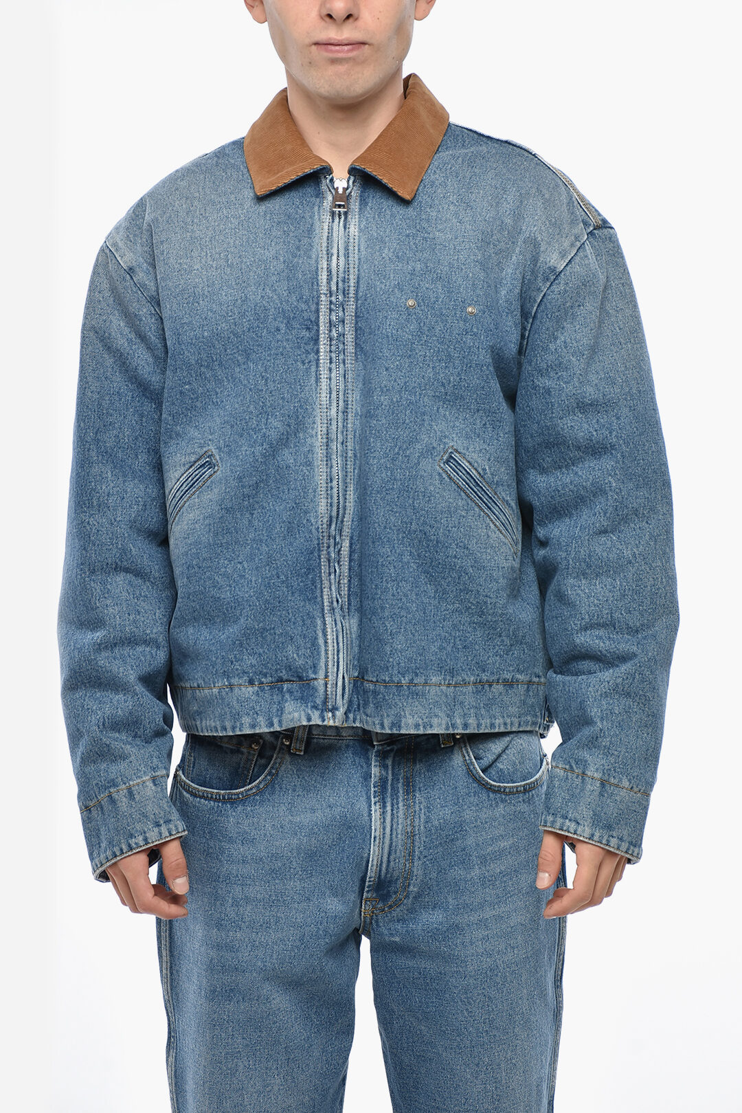 1989 Studio Giubbotto in Denim Imbottito con Colletto in Velour a Coste ...