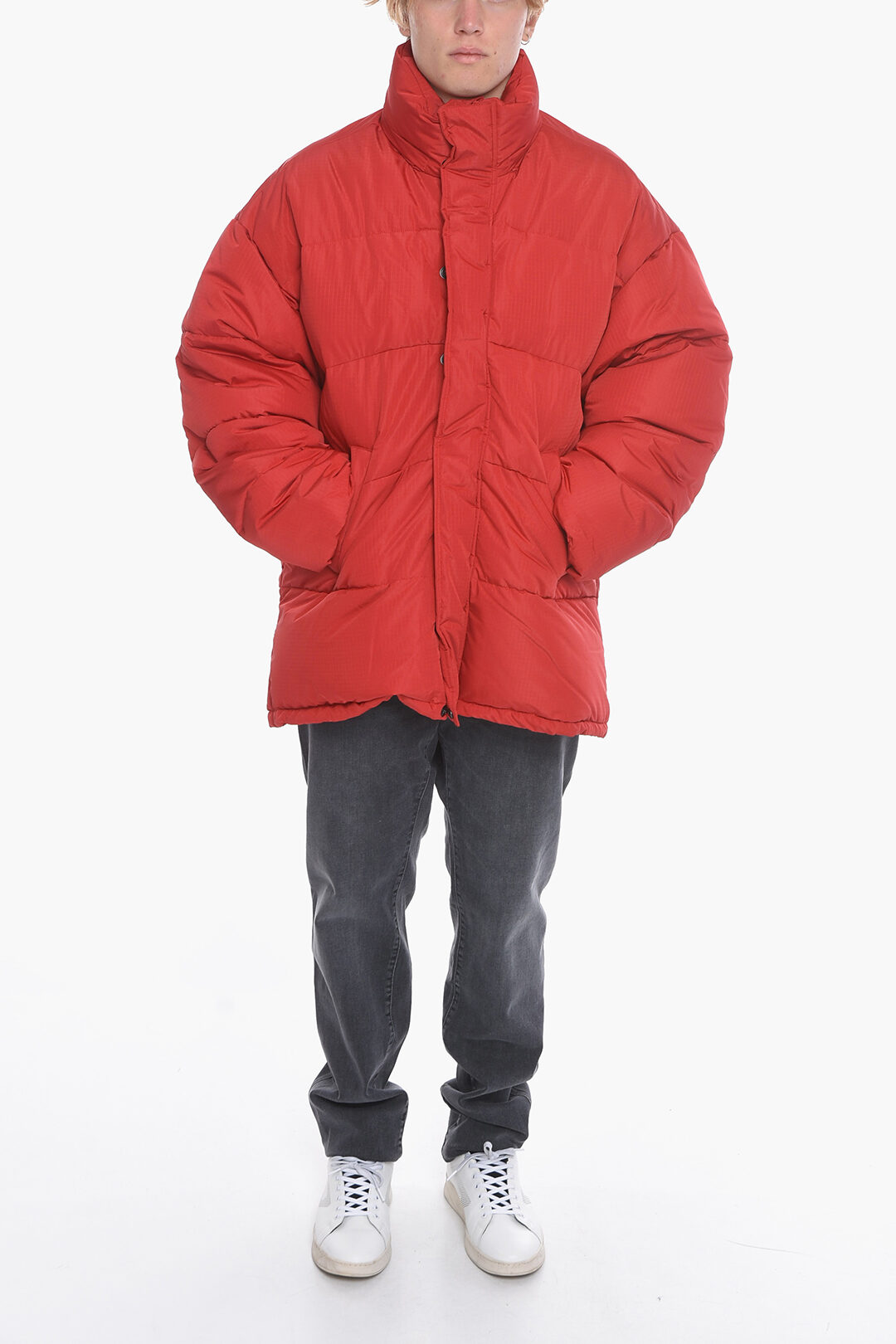 Parka uomo piumino lungo con tasconi rosso con cappuccio