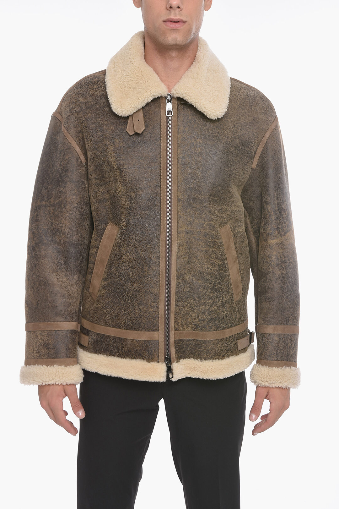 Neil Barrett Giubbotto Shearling in Pelle Distressed uomo 
