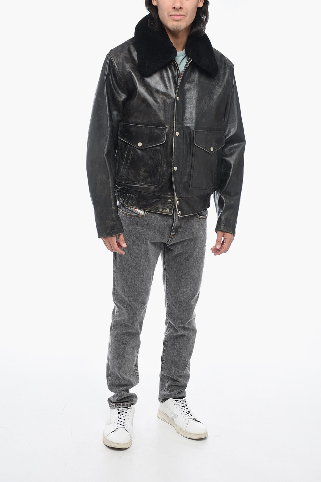 Diesel Giubotto in Pelle Craquelé L-MUDS con Collo in Pelliccia