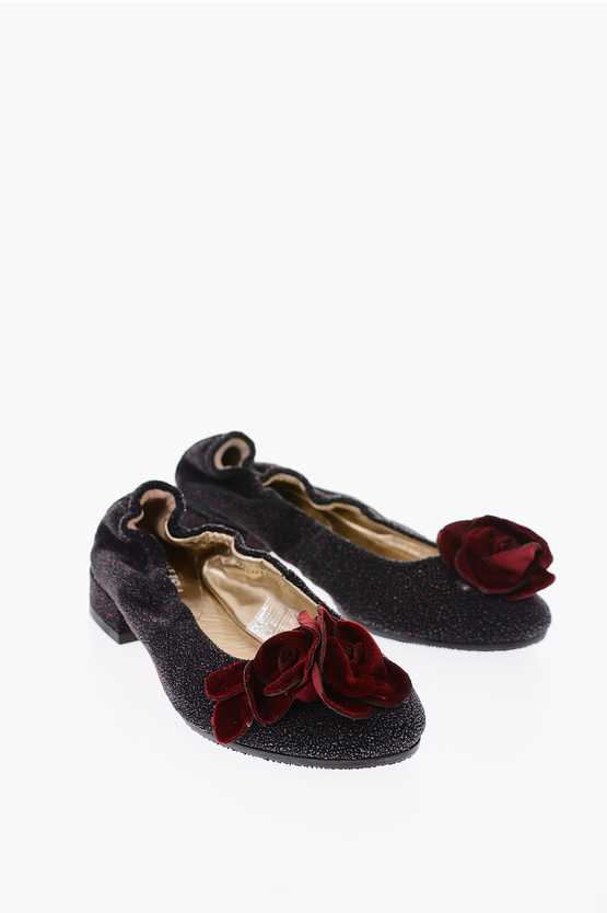 Monnalisa Glitter Leather Ballet Flats With Roses Detail In Black