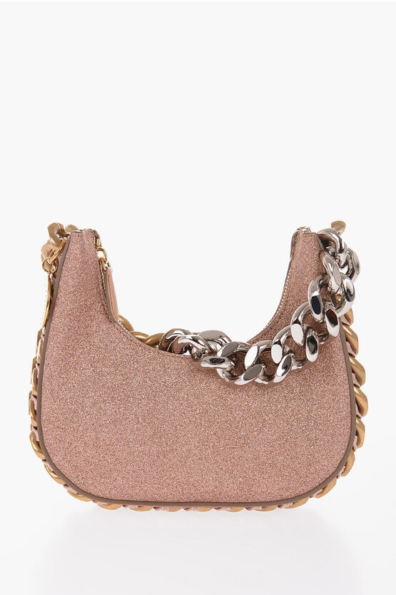 Stella Mccartney Glittered Faux Leather Mini Hobo Bag With Gradient Chain Det In Brown