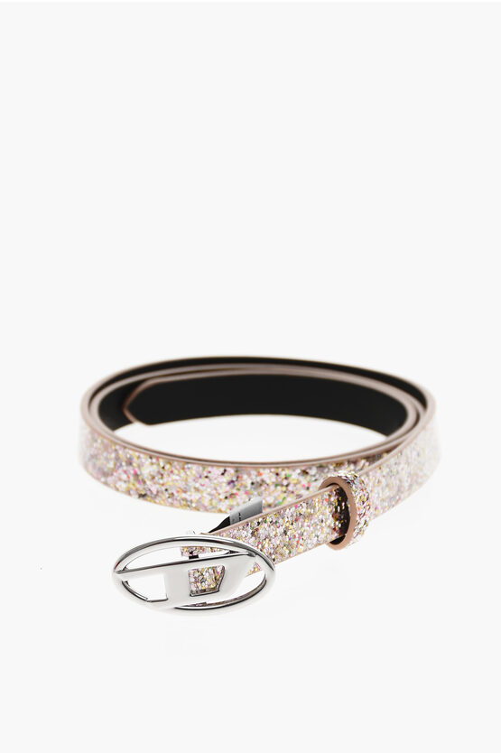 Diesel Glittered Leather Belt With Logoed Buckle 15mm