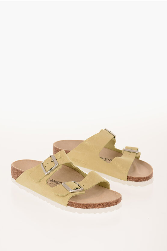 Birkenstock Glittered Suede Arizona Bs Sandals With Double Buckle In Gold