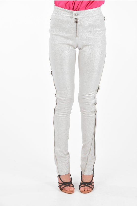 Philipp Plein Glittery Leather Pants With Side Zip Fastenings In White