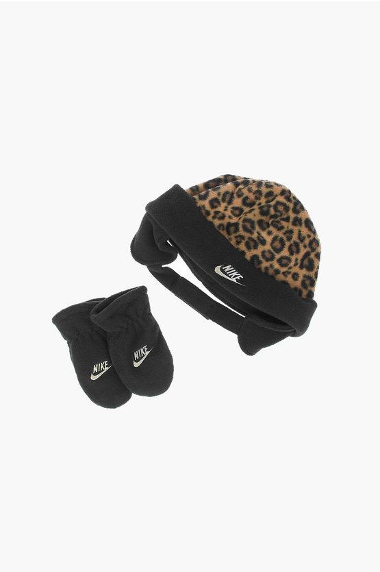Nike Gloves And Leopard Printed Beanie Set In Black