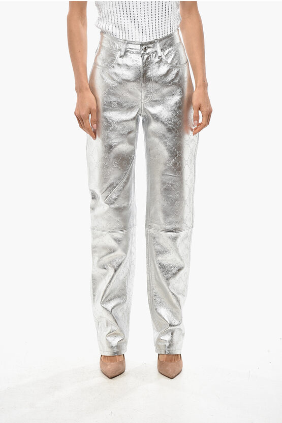 Marine Serre Gold Line All-over Engraved Monogram Laminated Leather Pants In Silver