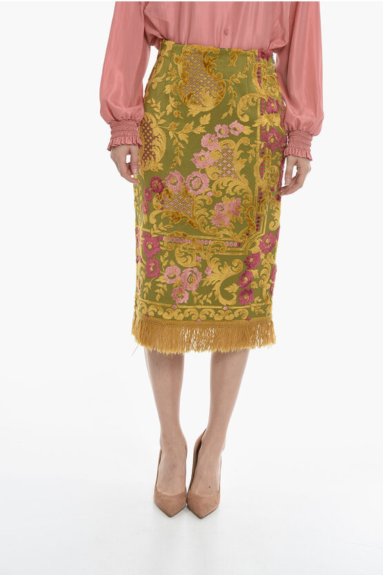 Marine Serre Gold Line Floral Embroidey Carpet Fringed Skirt In Green
