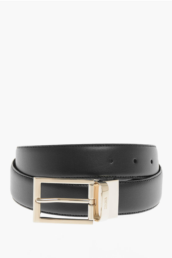 Ermenegildo Zegna Golden Buckle Reversible Leather Belt In Black