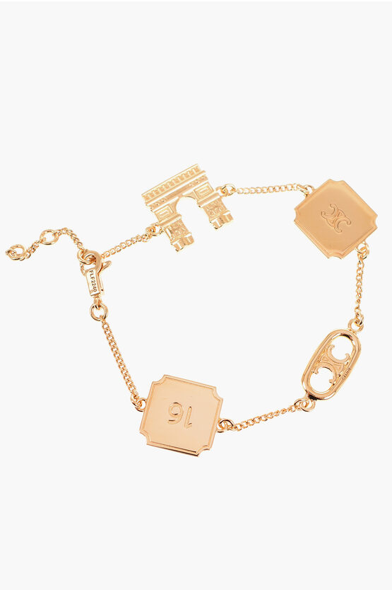 Celine Golden-effect Rayure Bracelet With Logo Details