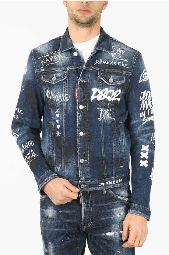 Dsquared2 Graffiti Printed DAN JEAN Denim Jacket men - Glamood Outlet