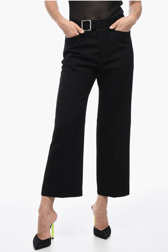 Jil Sander Grain De Poudre Wool Flared Trousers With Belt In Black