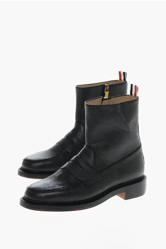 Shop Thom Browne Grained Leather Ankle Boots With Side Zip