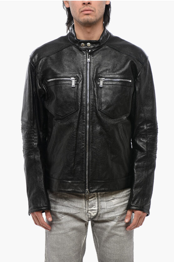 Dsquared2 Grained Leather Jacket With Mandarin Collar