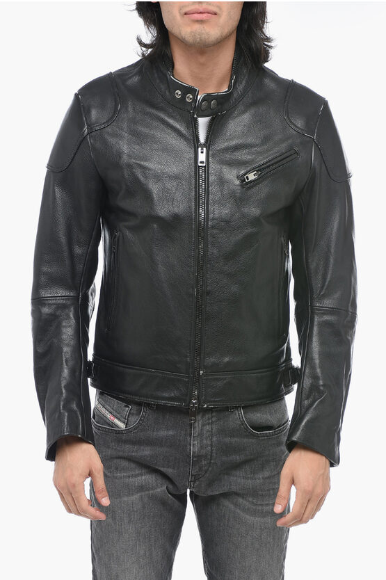 Shop Diesel Grained Leather L-hein Jacket With Patchworks