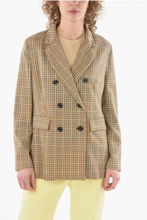Altea Gun Club Checked Double Breasted Blazer With Flap Pockets In Brown