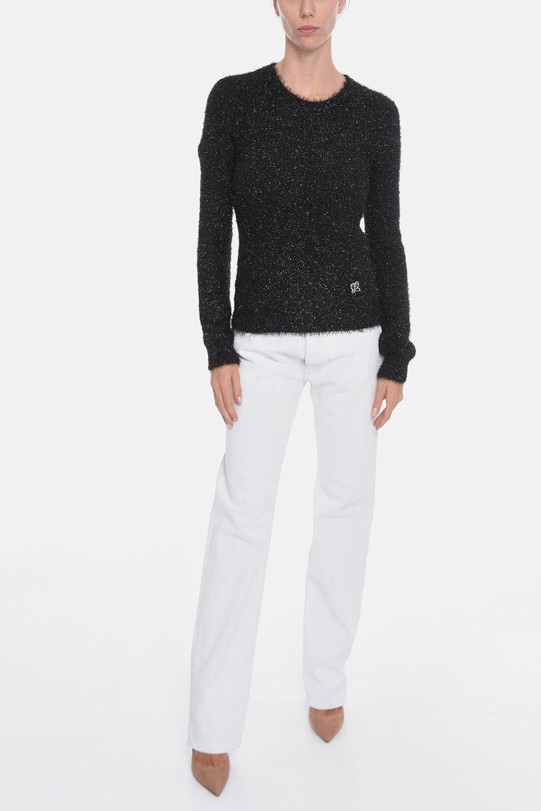 Metallic Letter Short Puff Sleeve Hairy Sweater main image 0