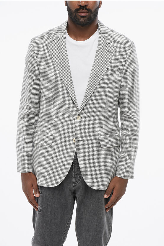 Brunello Cucinelli Half-lined Linen Blend Blazer With Houndstooth Motif