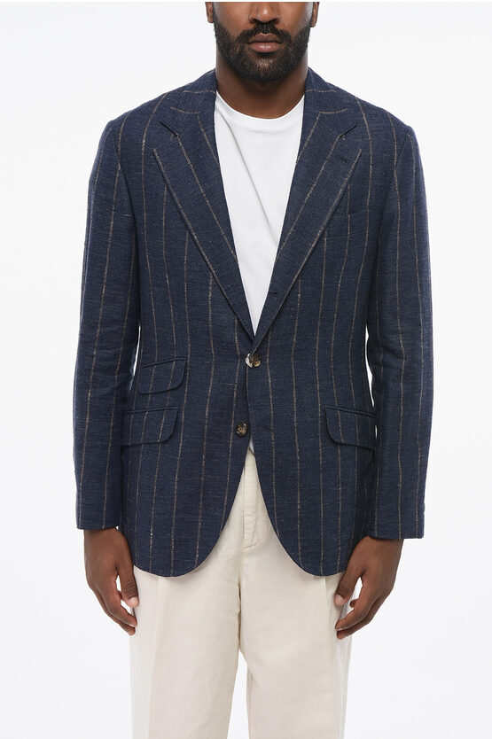 Brunello Cucinelli Half-lined Linen Blend Blazer With Pinstripes In Blue