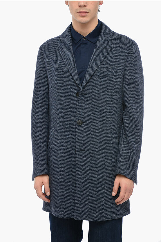 Corneliani Halflined Single Breasted Wool Tweed Coat In Blue