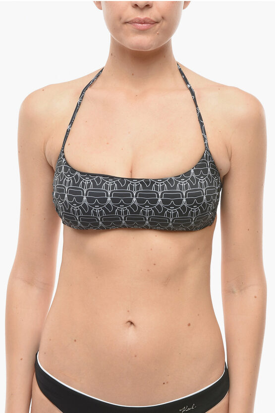 Karl Lagerfeld Halter Bikini Top With All-over Iconic Print In Black