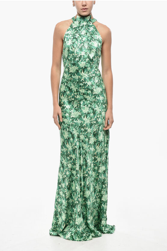 Saloni Halter Neck Michelle Silk Dress With Plant Motif In Green
