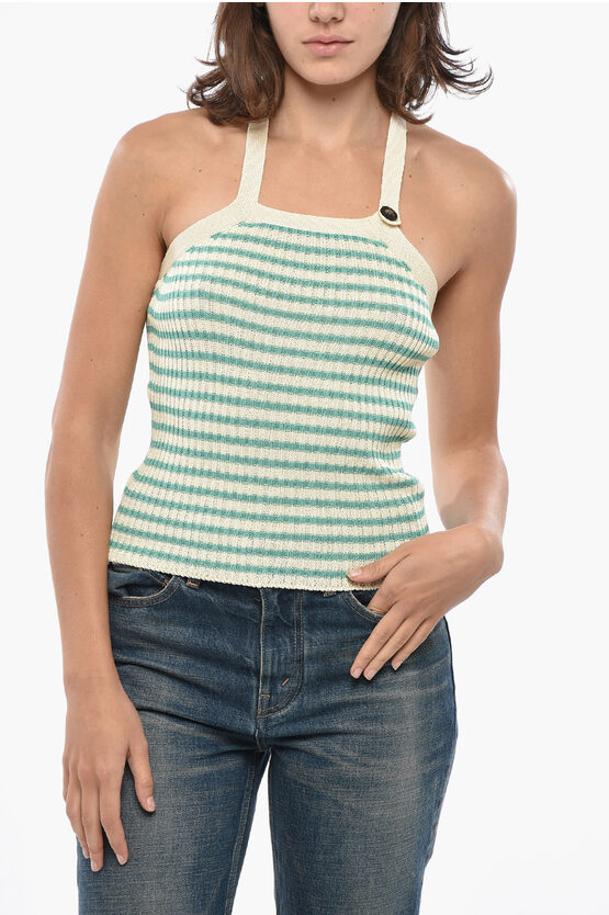 Dior Halterneck Knitted Cotton Top With Awning Motif In Green