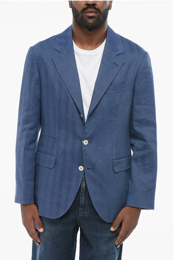Brunello Cucinelli Herringbone Linen Blend Slim Fit Blazer In Metallic