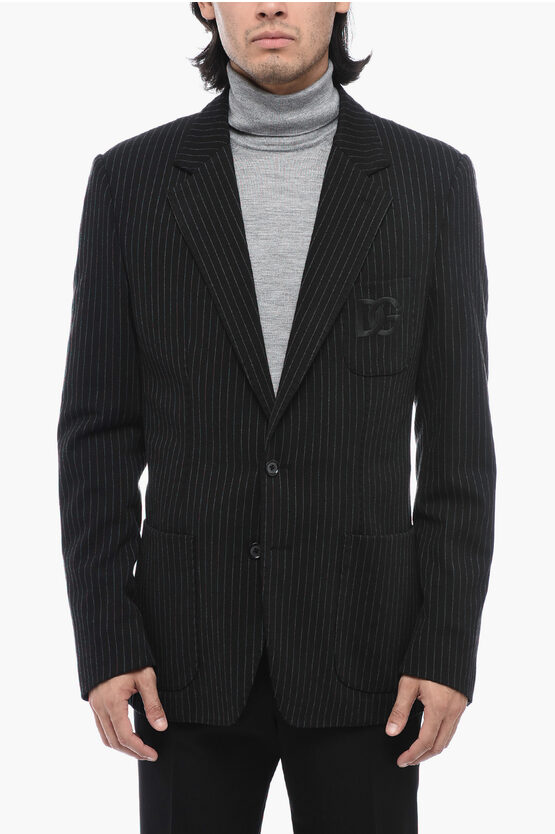 Shop Dolce & Gabbana Herringbone Motif Blazer With Embroidered Logo