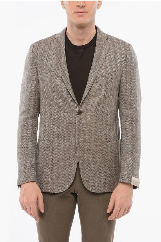 Corneliani Herringbone Motif Linen Blend Gate Single Breasted Blazer In Brown