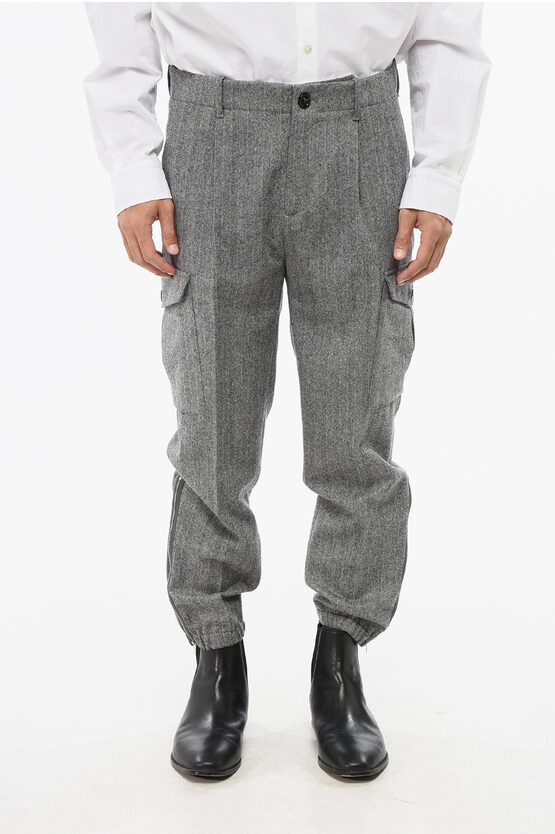 Brunello Cucinelli Herringbone Motif Single-pleated Virgin Wool Cargo Pants Wit In Gray