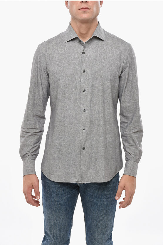 Corneliani Herringbone Motif Stretch Nylon Shirt With Spread Collar In Gray