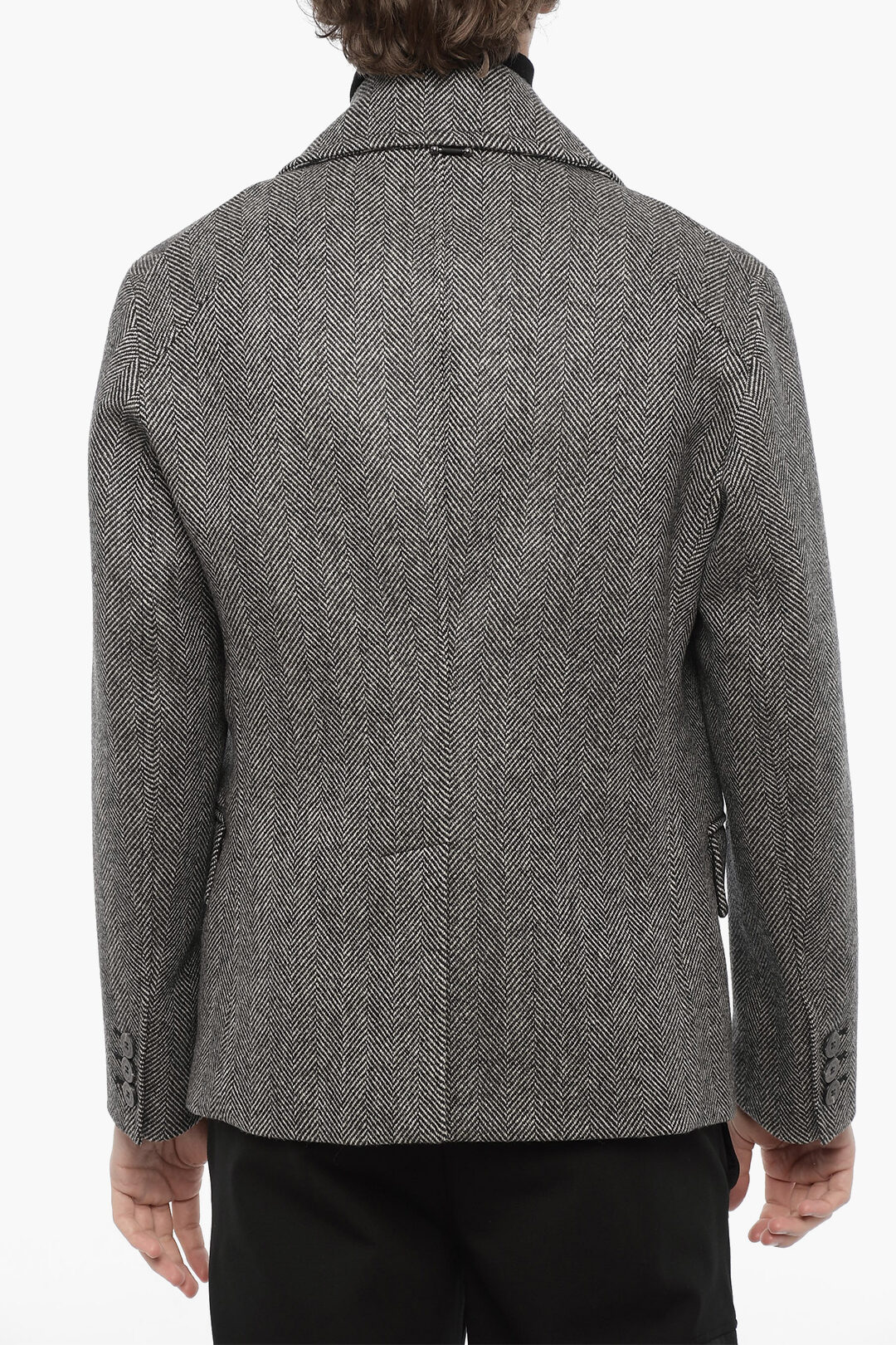 Herringbone Motif Virgin Wool Double Breasted Peacoat