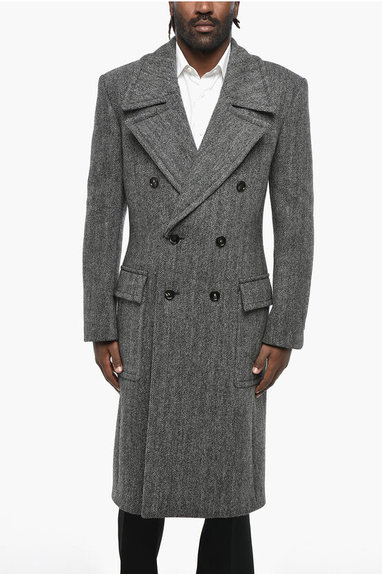 Bottega Veneta Herringbone Motif Wool Double-breasted Blazer In Gray