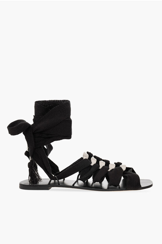 Tory Burch Herringbone Ribbon Lace-up Sandals With Ankle Ties In Black